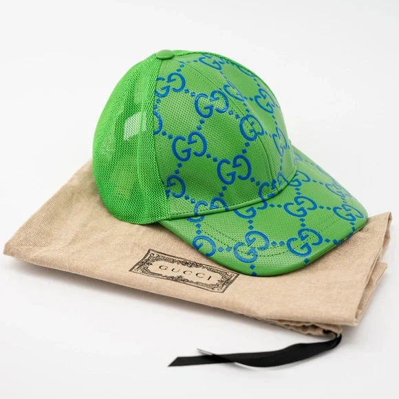 size S - Gucci Leather Green Cap Baseball Hat GG Blue